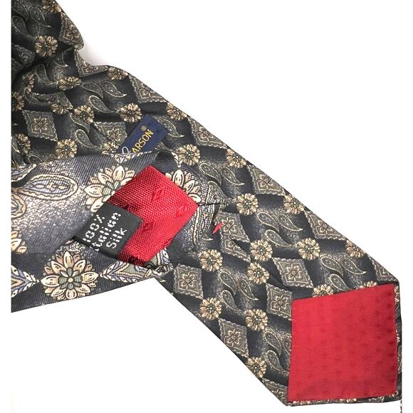 Johnny Carson - Men's Tie - Floral Paisley All Over Design -Black Gray Tan -Silk - Picture 3 of 5
